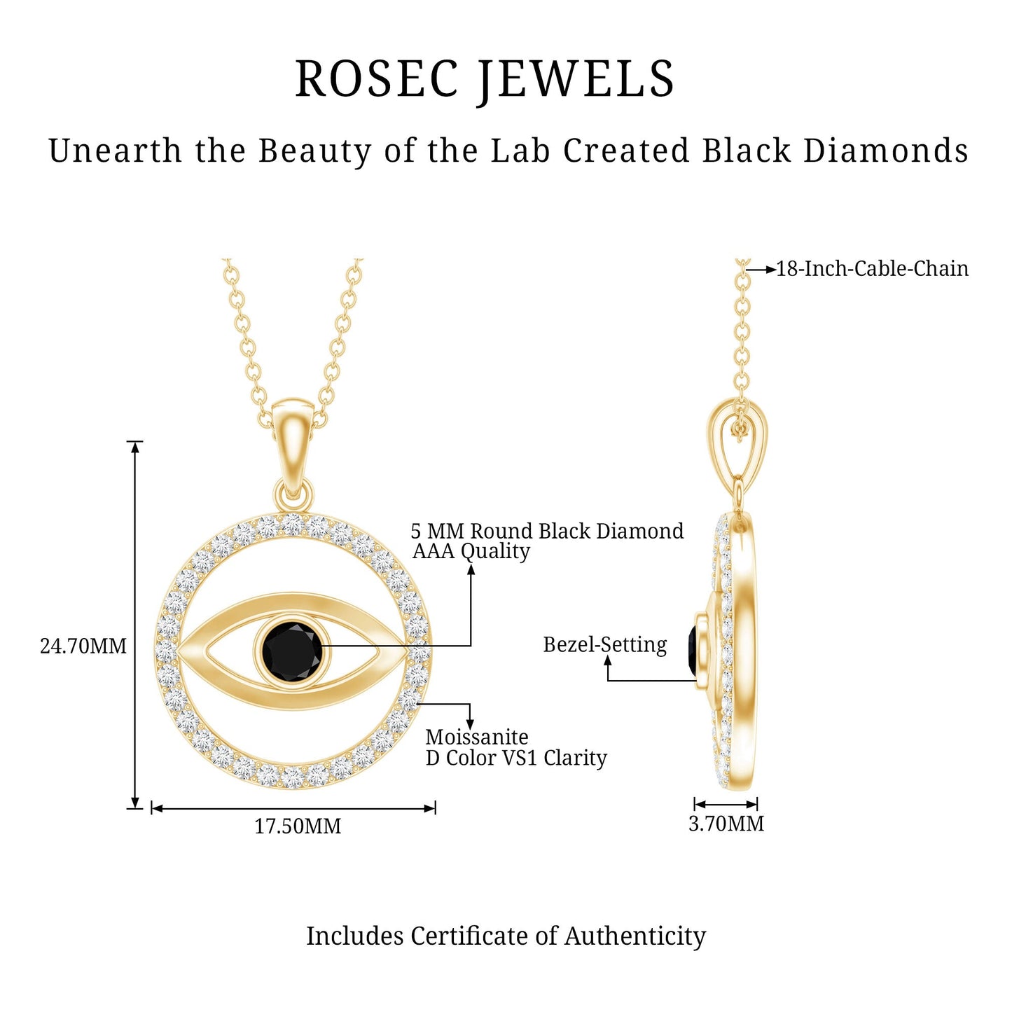 Lab Created Black Diamond Evil Eye Necklace with Moissanite