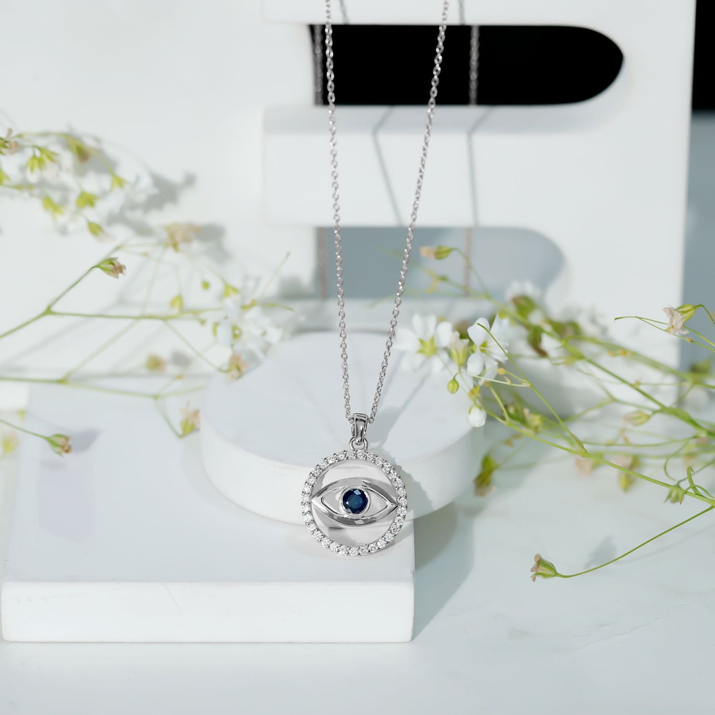 Blue Sapphire and Diamond Evil Eye Eternity Necklace