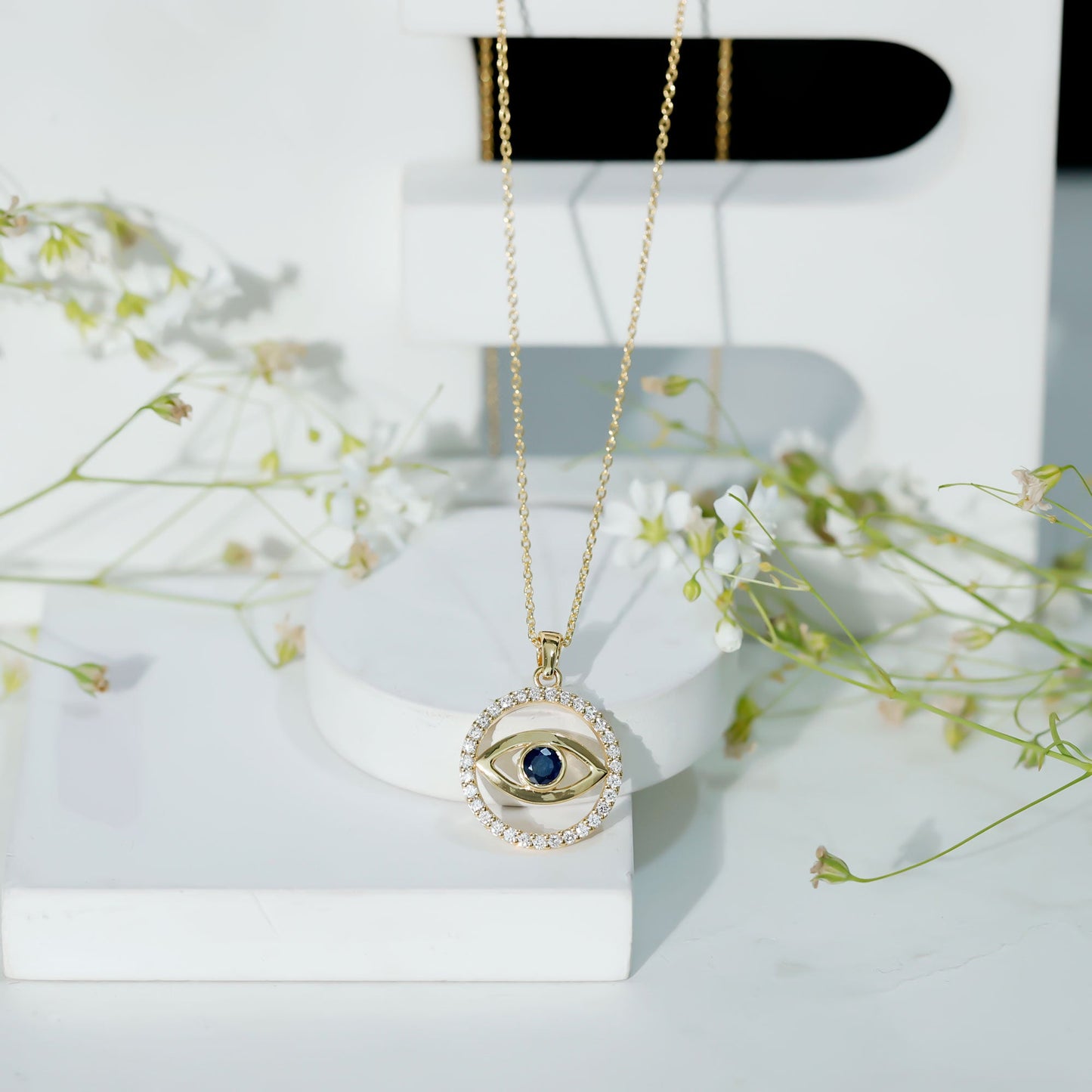 Blue Sapphire and Diamond Evil Eye Eternity Necklace