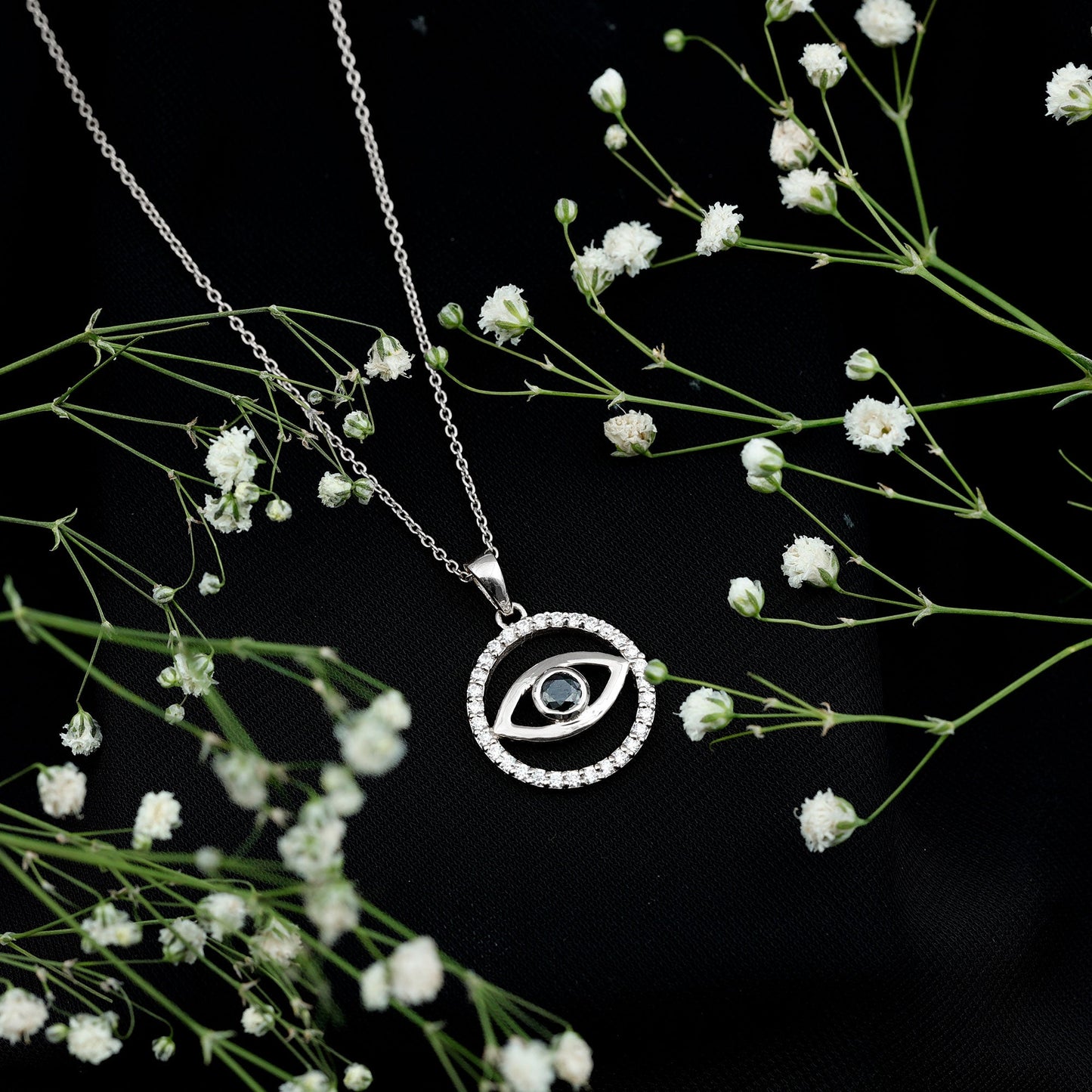 Black Onyx Evil Eye Pendant with Moissanite Eternity Circle
