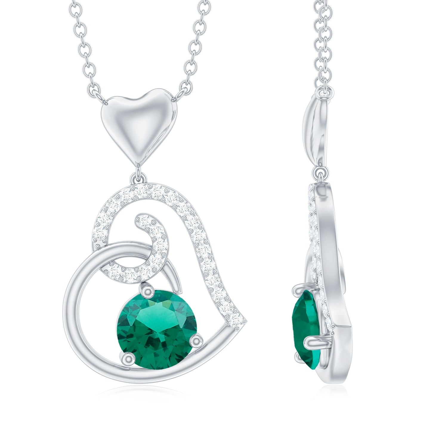 0.8 Carat Lab Created Emerald and Diamond Heart Drop Pendant
