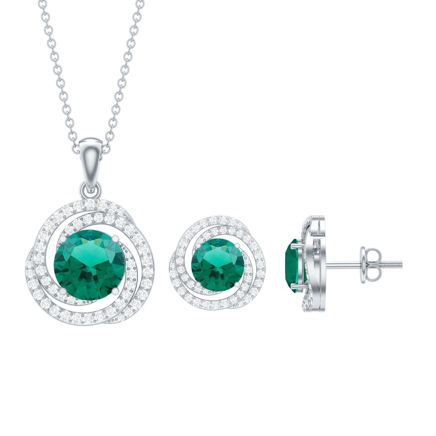 Lab Created Emerald Swirl Necklace and Earrings Set With Moissanite