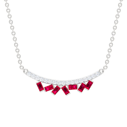 Baguette Cut Ruby Cluster Necklace with Diamond