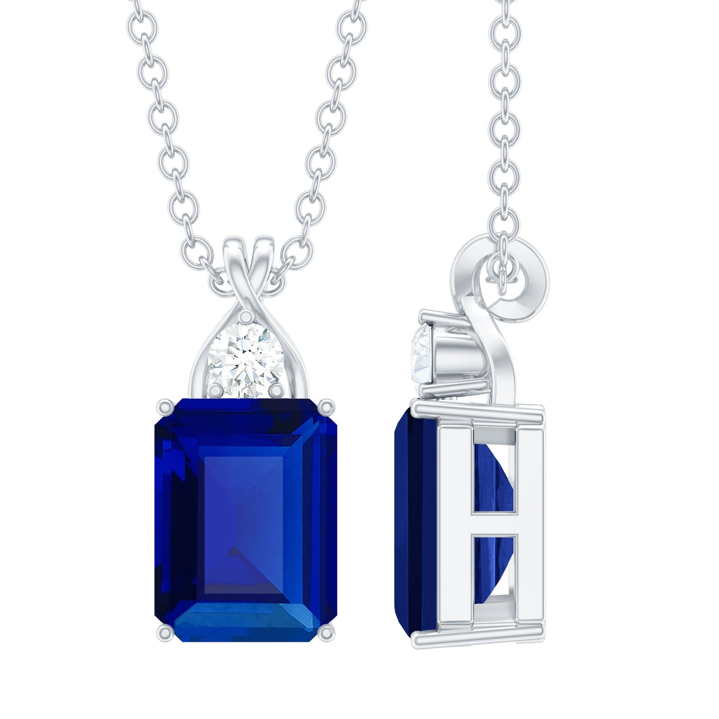 Certified Lab Created Blue Sapphire Emerald Cut Necklace with Chain