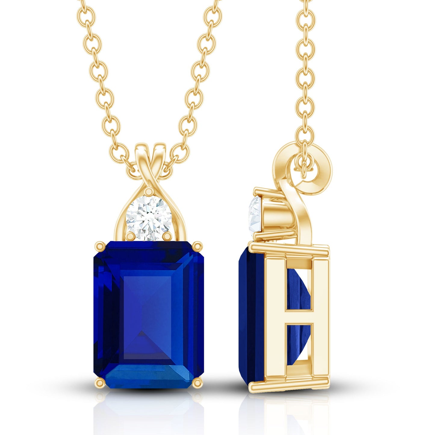Certified Lab Created Blue Sapphire Emerald Cut Necklace with Chain