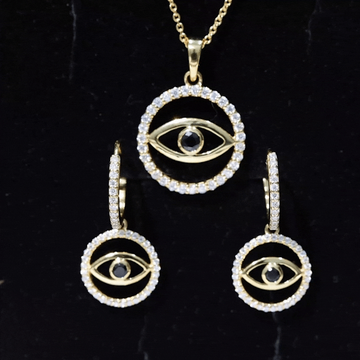 Black Onyx Evil Eye Necklace and Earrings Set with Certificate