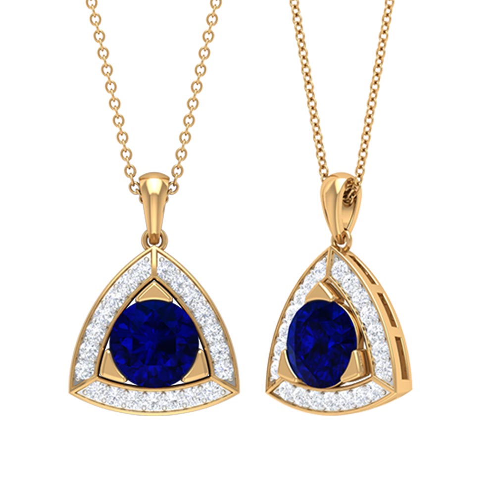 Created Blue Sapphire Triangle Pendant with Diamond Halo