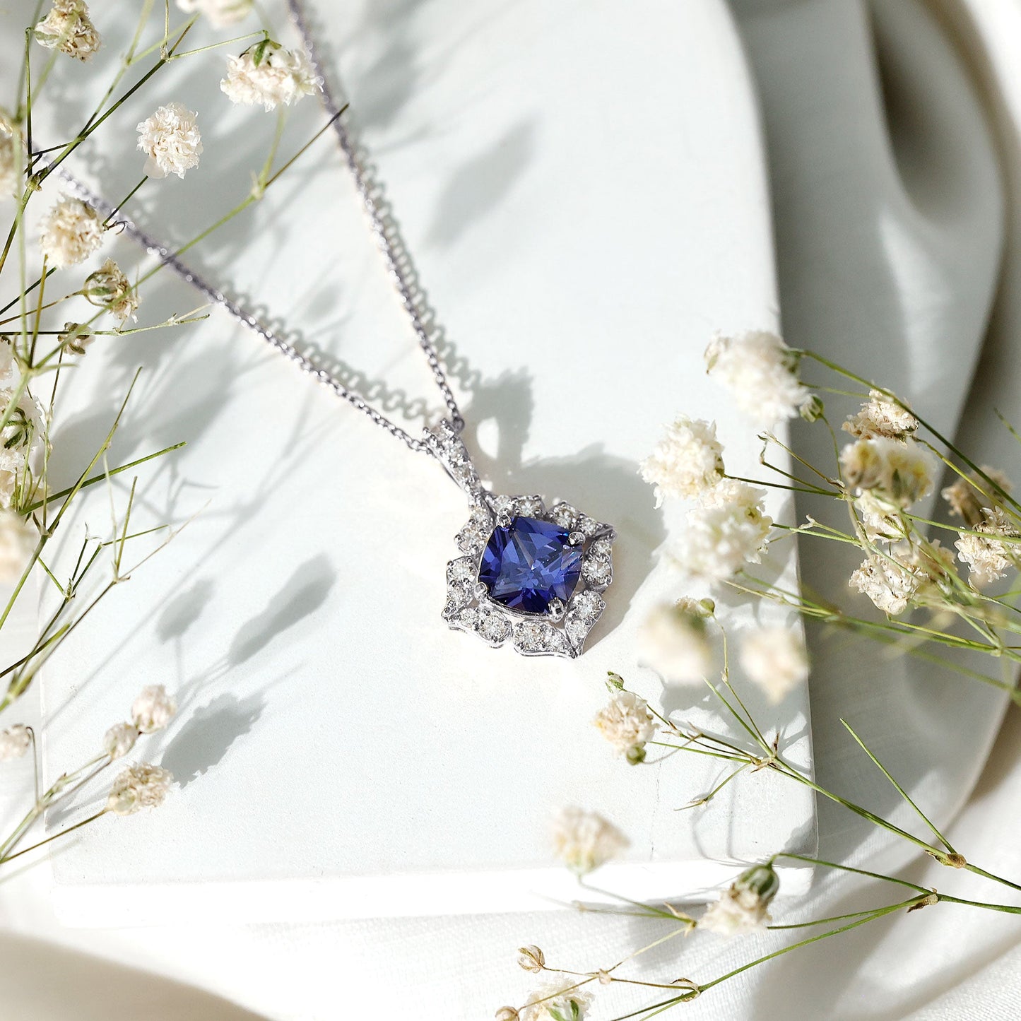 Vintage Inspired Lab Grown Blue Sapphire and Diamond Necklace