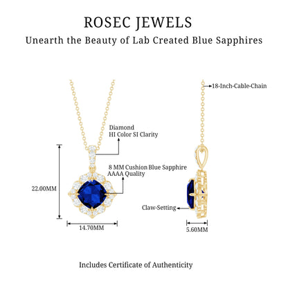 Vintage Inspired Lab Grown Blue Sapphire and Diamond Necklace