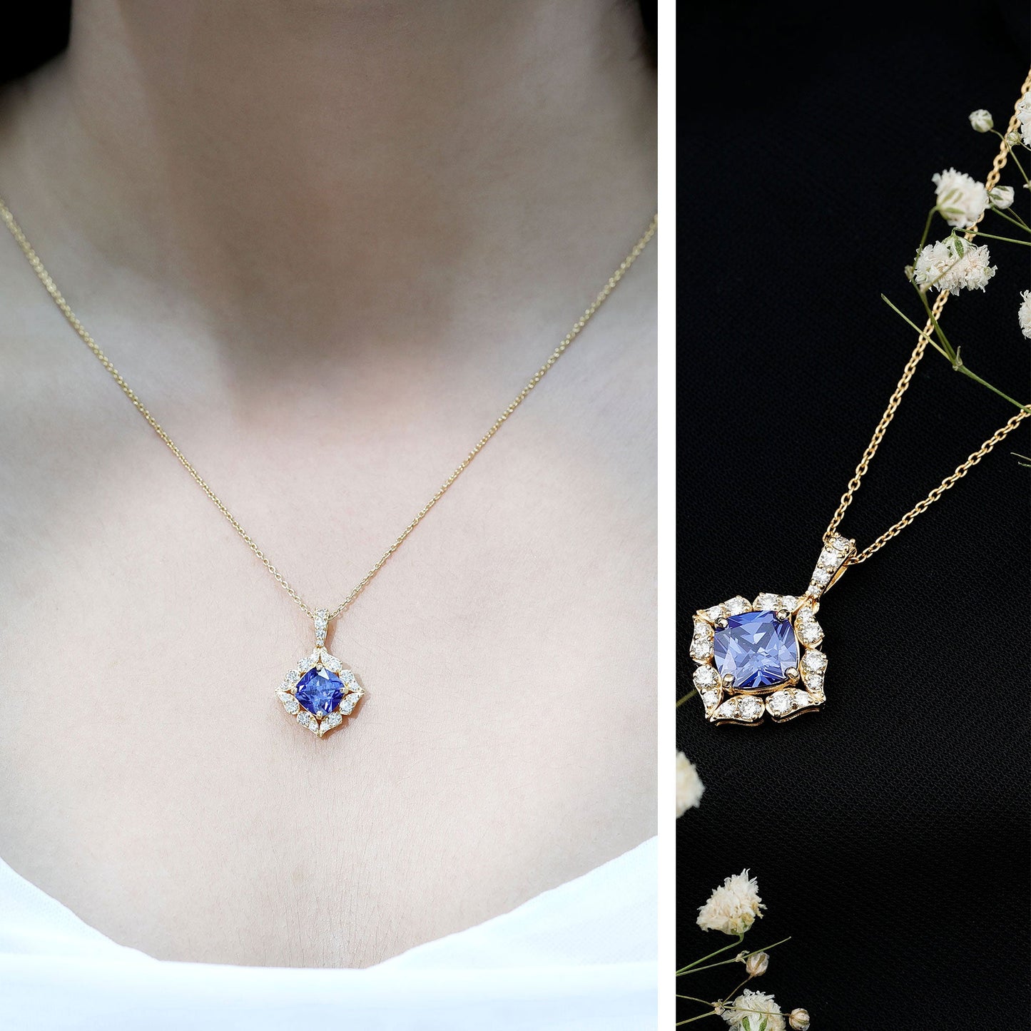 Vintage Inspired Lab Grown Blue Sapphire and Diamond Necklace