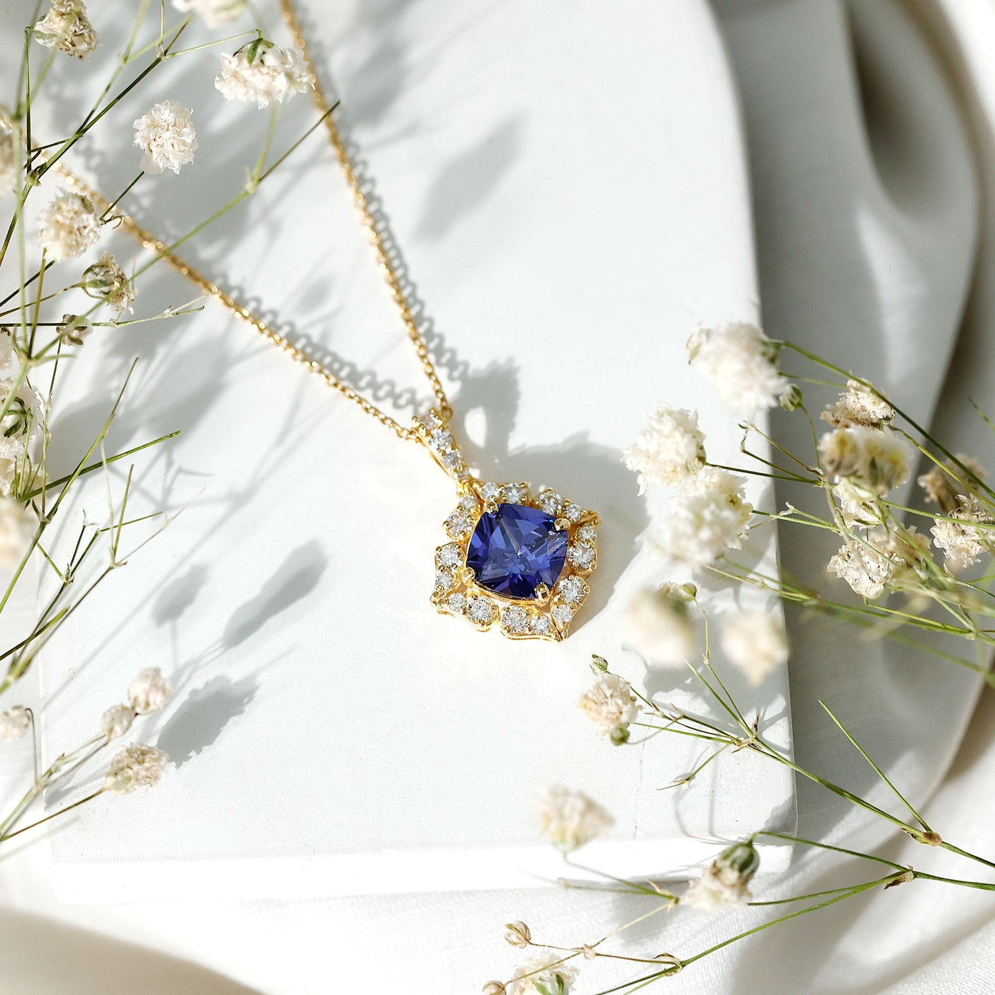 Vintage Inspired Lab Grown Blue Sapphire and Diamond Necklace