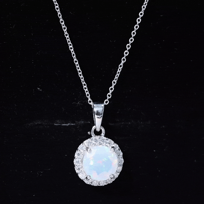 2 Carat Ethiopian Opal and Moissanite Halo Necklace with Silver Chain