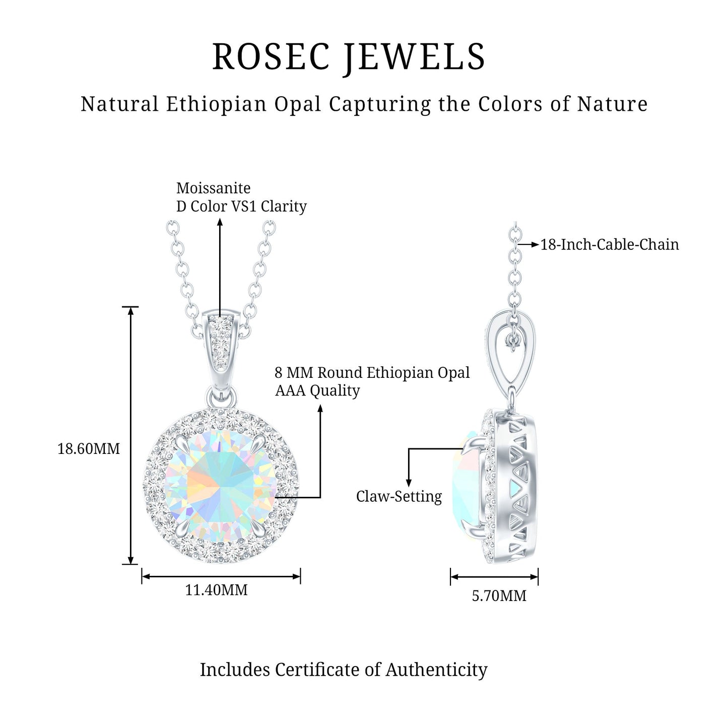 2 Carat Ethiopian Opal and Moissanite Halo Necklace with Silver Chain