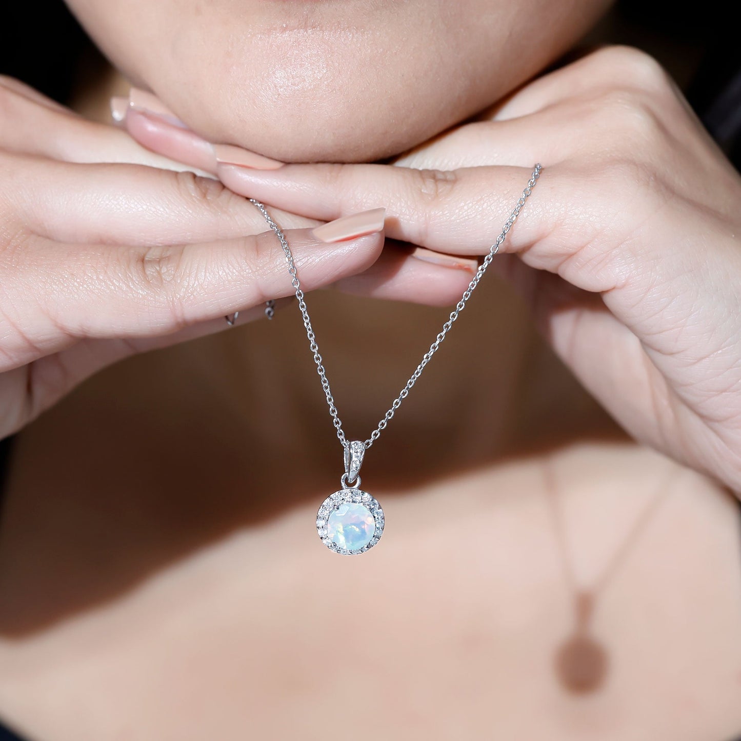2 Carat Ethiopian Opal and Moissanite Halo Necklace with Silver Chain
