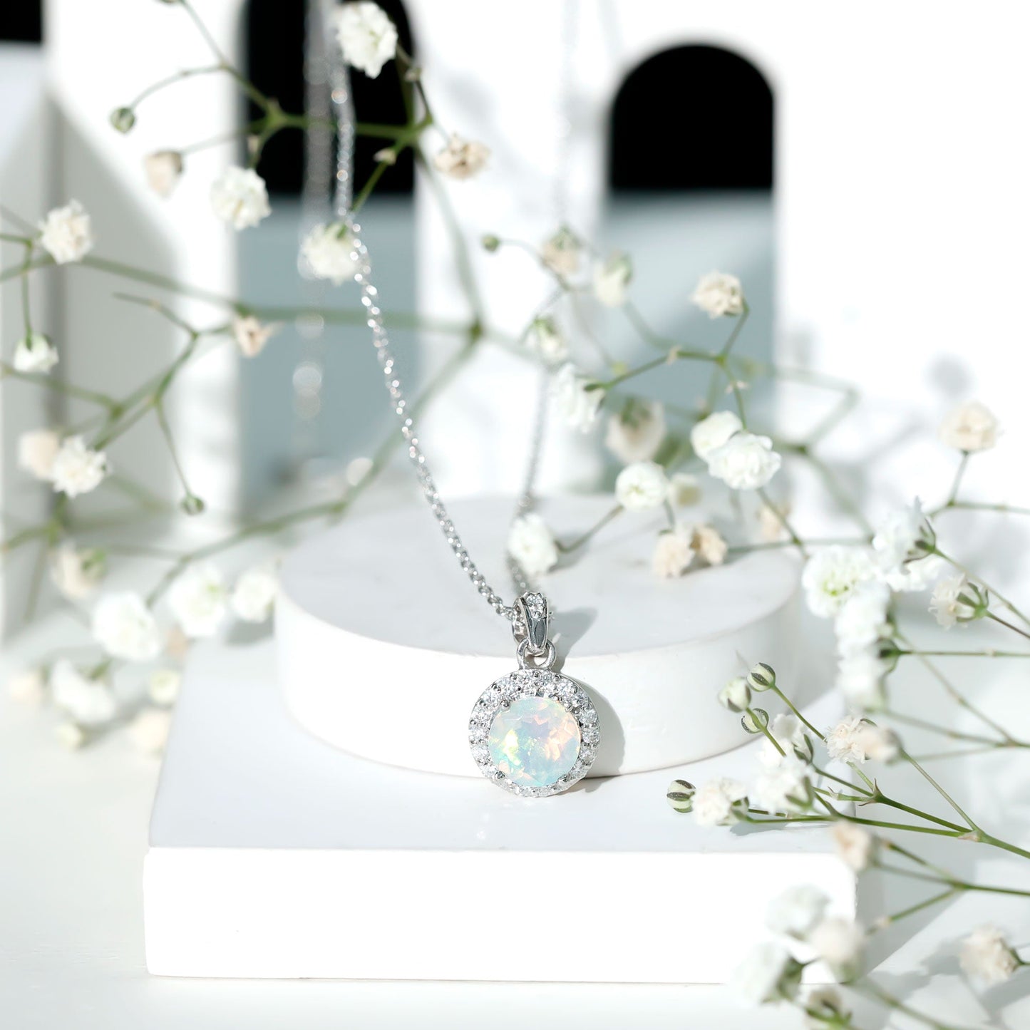 2 Carat Ethiopian Opal and Moissanite Halo Necklace with Silver Chain