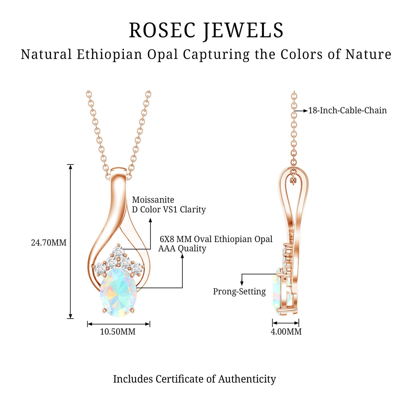 Natural Oval Ethiopian Opal and Moissanite Teardrop Necklace With Chain