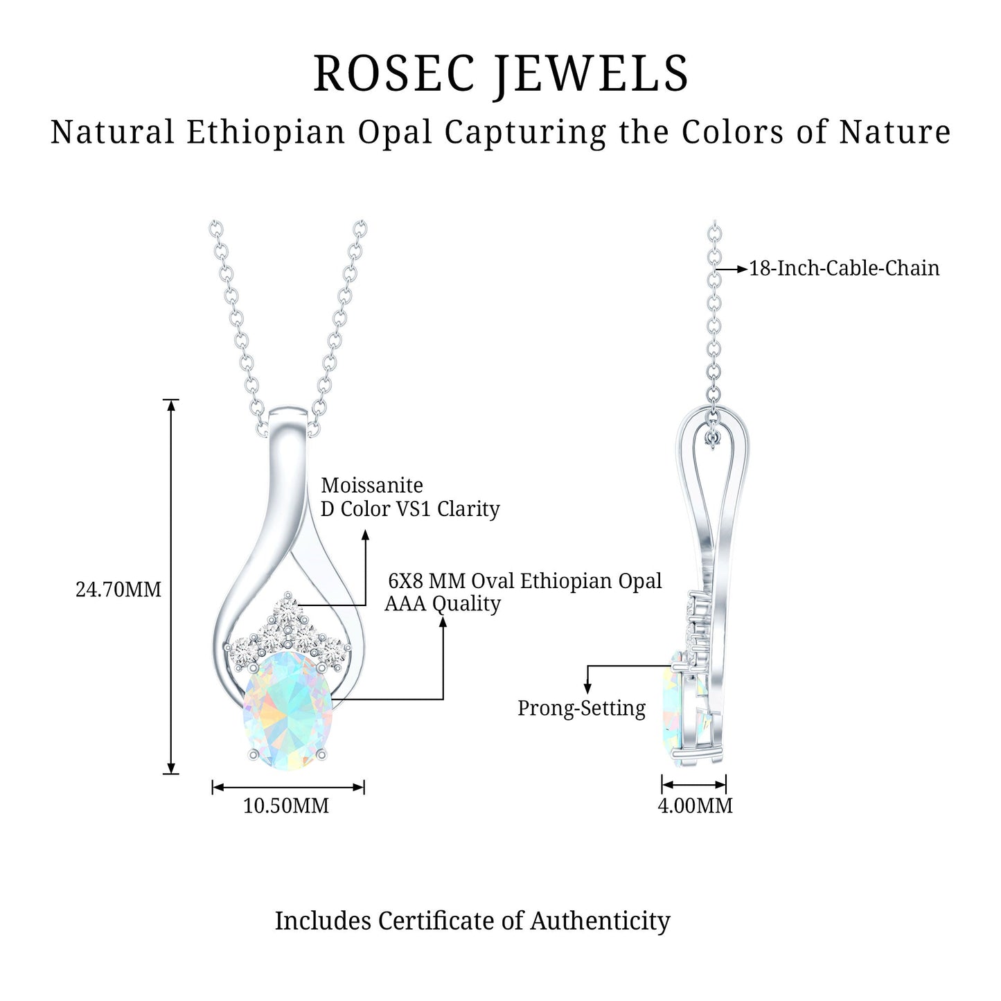 Natural Oval Ethiopian Opal and Moissanite Teardrop Necklace With Chain