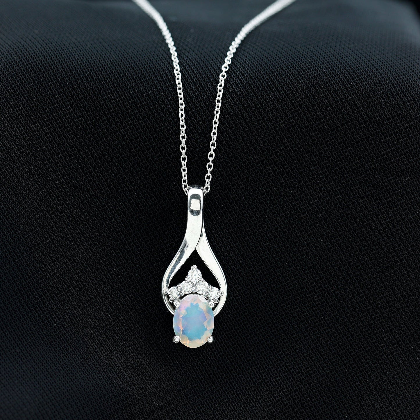 Natural Oval Ethiopian Opal and Moissanite Teardrop Necklace With Chain