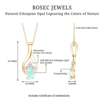 Natural Oval Ethiopian Opal and Moissanite Teardrop Necklace With Chain