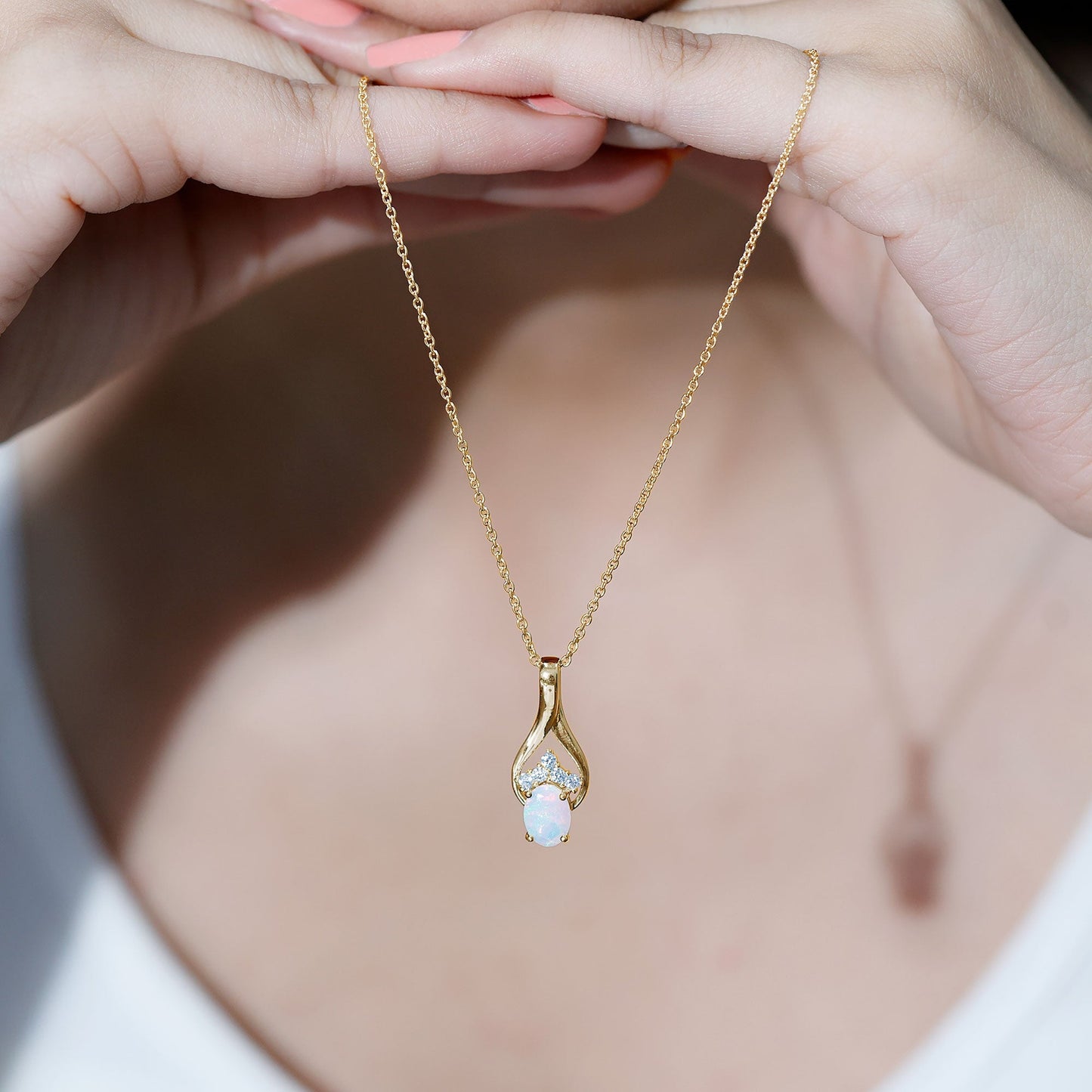 Natural Oval Ethiopian Opal and Moissanite Teardrop Necklace With Chain