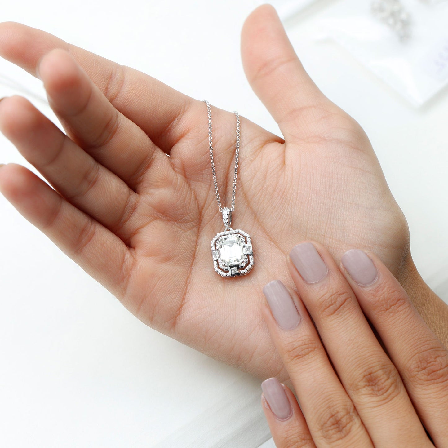 Vintage Style Emerald Cut Moissanite Halo Pendant Necklace