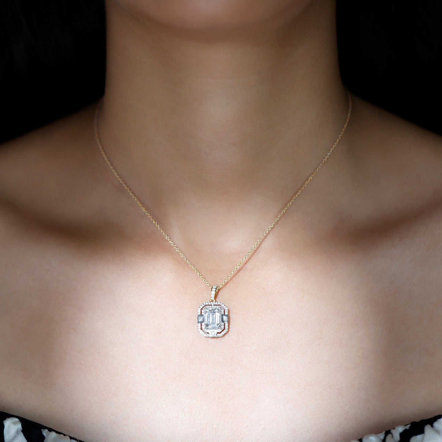 Vintage Style Emerald Cut Moissanite Halo Pendant Necklace