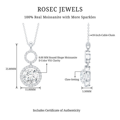 2 Carat Round Moissanite Wedding Dangle Necklace with Halo