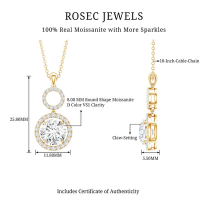 2 Carat Round Moissanite Wedding Dangle Necklace with Halo