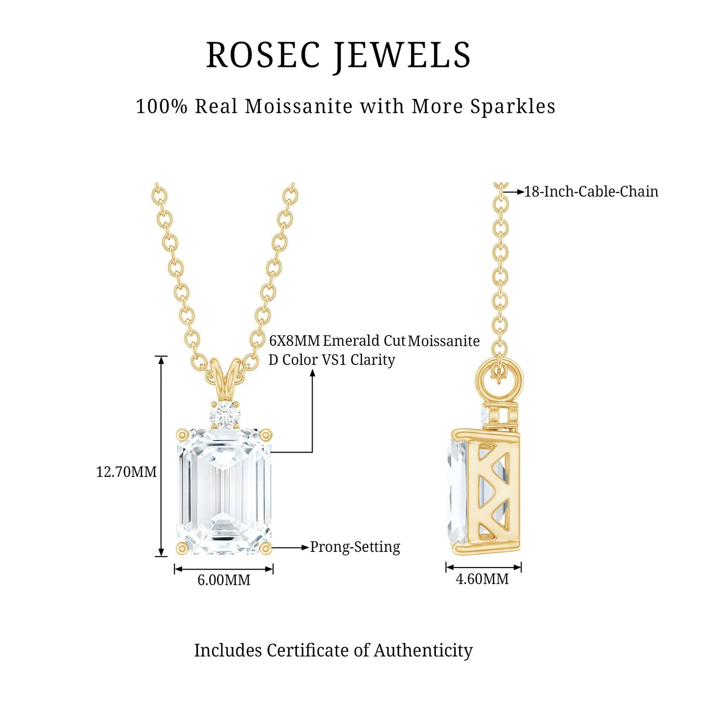 1.8 Carat Solitaire Moissanite Emerald Cut Pendant Necklace
