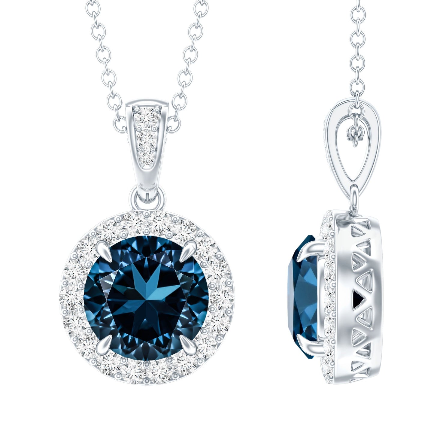 2 Carat London Blue Topaz Round Halo Pendant with Diamond