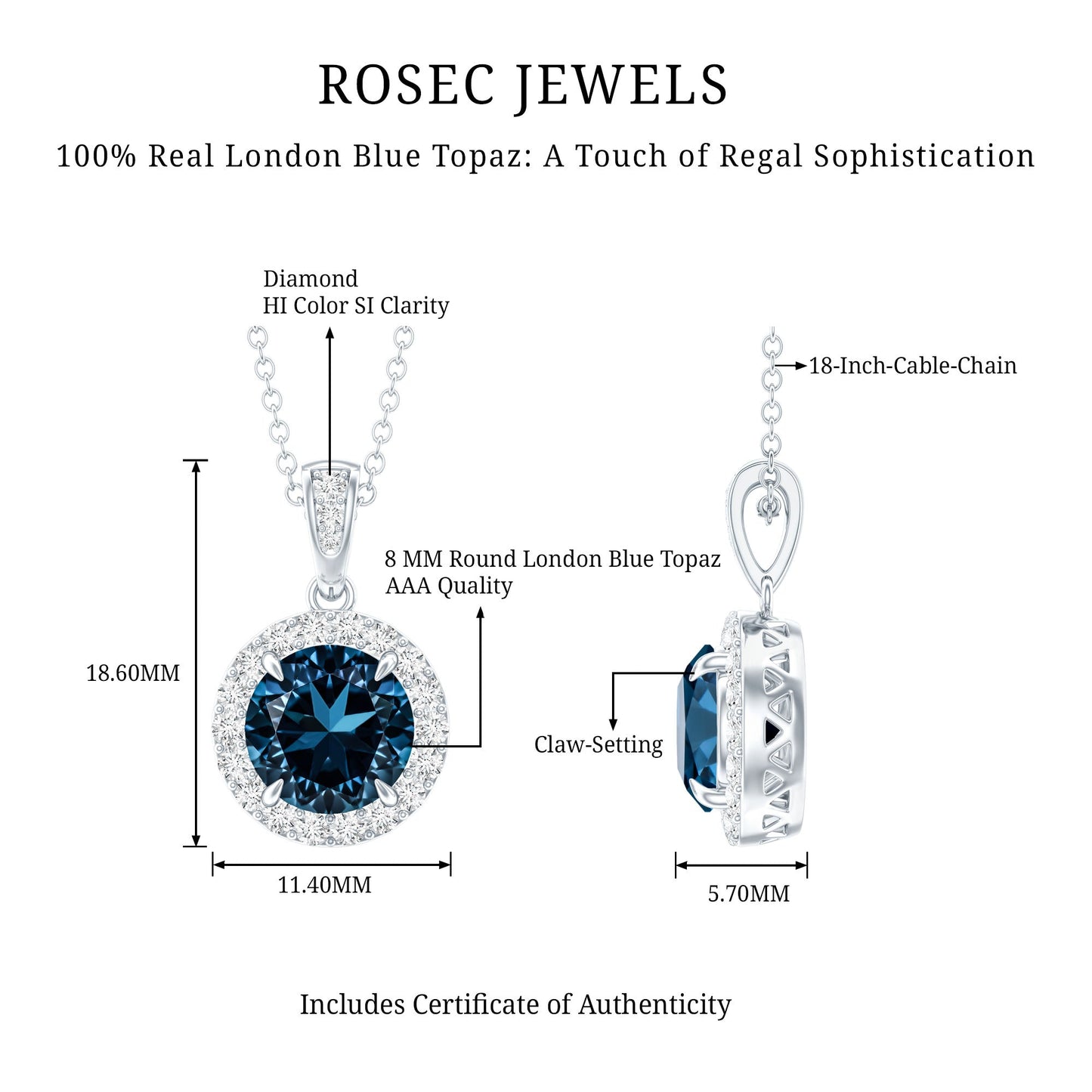 2 Carat London Blue Topaz Round Halo Pendant with Diamond