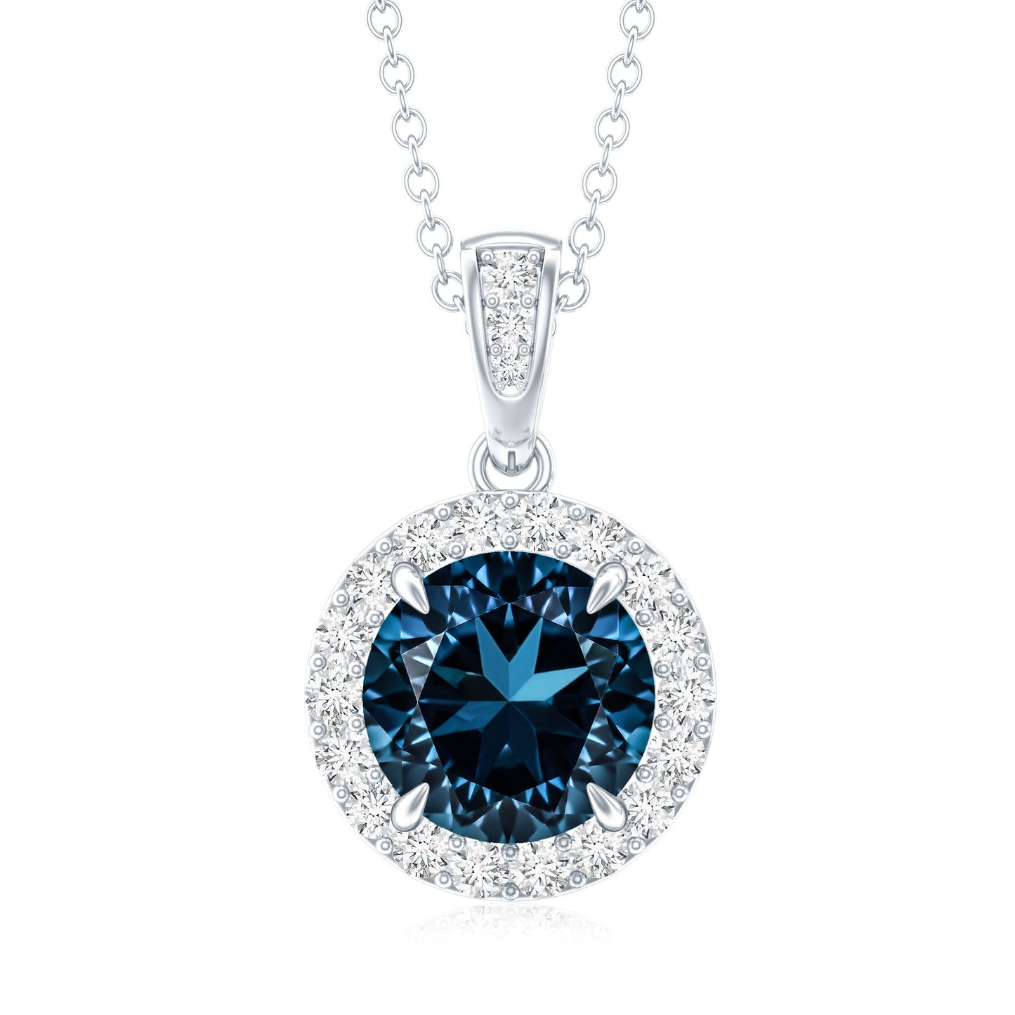 2 Carat London Blue Topaz Round Halo Pendant with Diamond