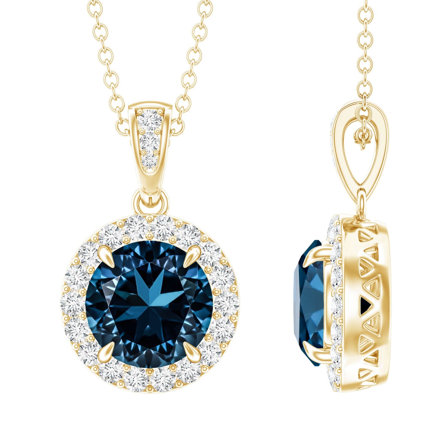 2 Carat London Blue Topaz Round Halo Pendant with Diamond