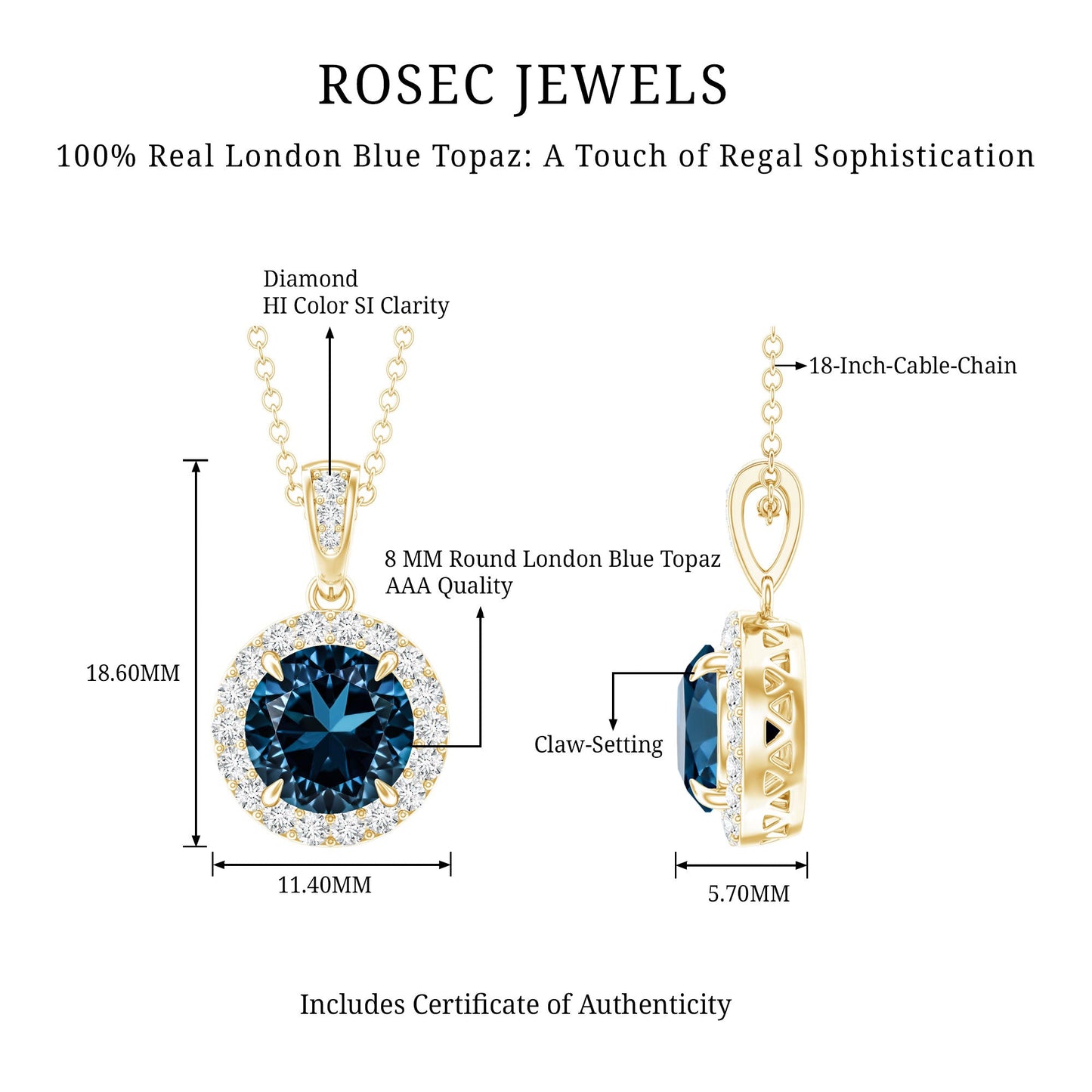 2 Carat London Blue Topaz Round Halo Pendant with Diamond