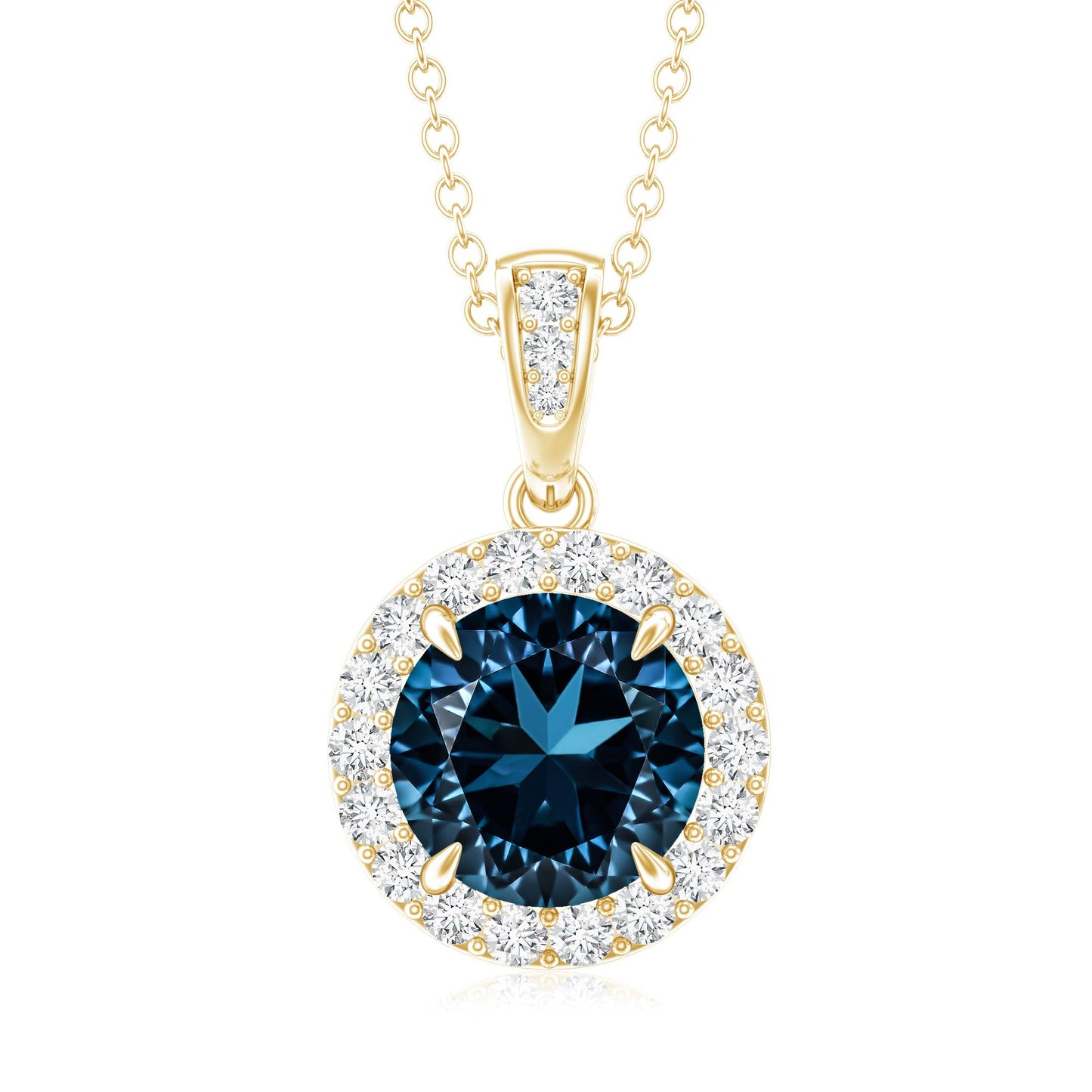 2 Carat London Blue Topaz Round Halo Pendant with Diamond