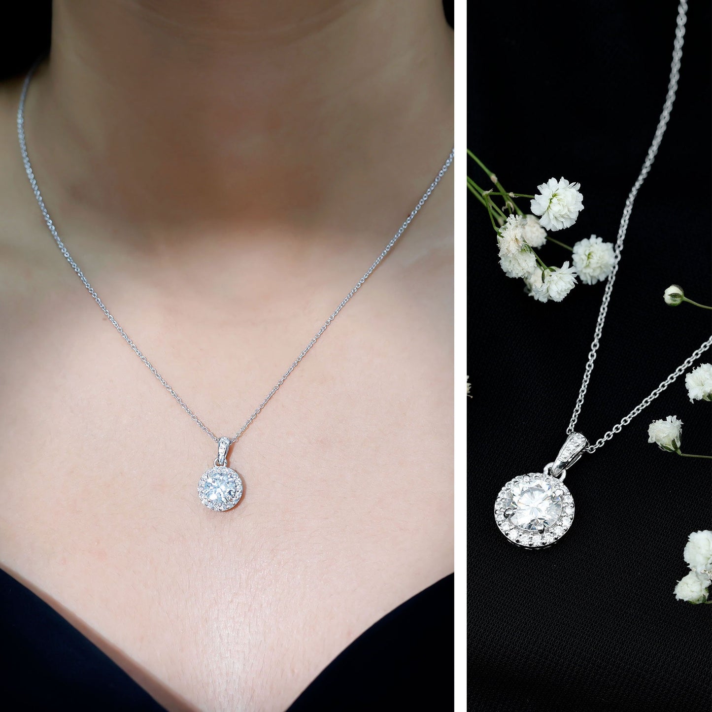 Round Moissanite Classic Halo Pendant Necklace