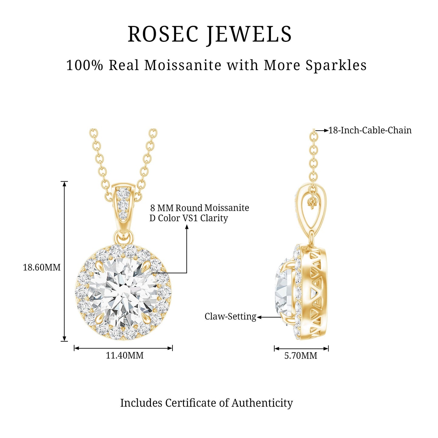 Round Moissanite Classic Halo Pendant Necklace