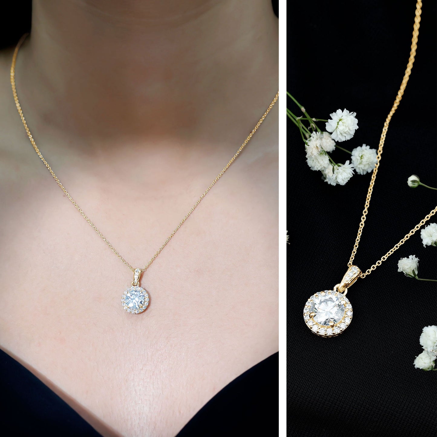 Round Moissanite Classic Halo Pendant Necklace