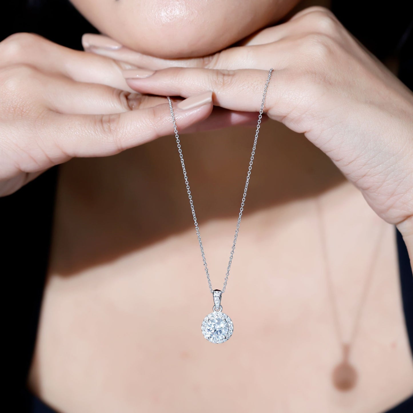 Certified 8 MM Round Cubic Zirconia Halo Necklace with Chain