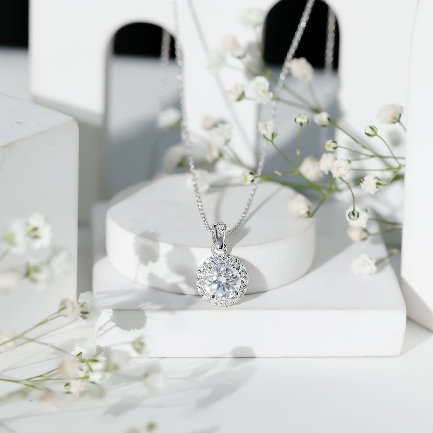 Certified 8 MM Round Cubic Zirconia Halo Necklace with Chain