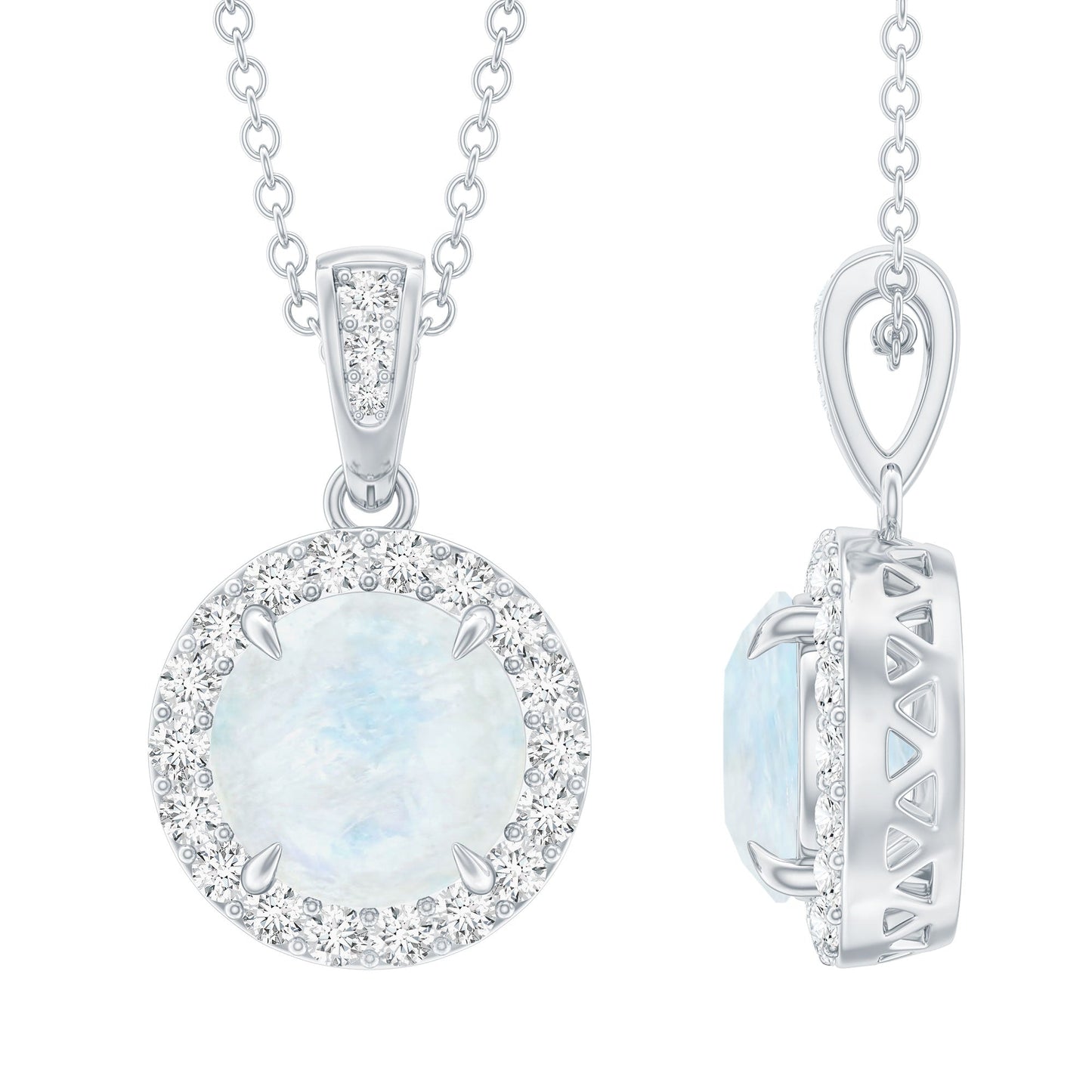 Claw Set 0.85 Carat Round Moonstone and Diamond Halo Pendant