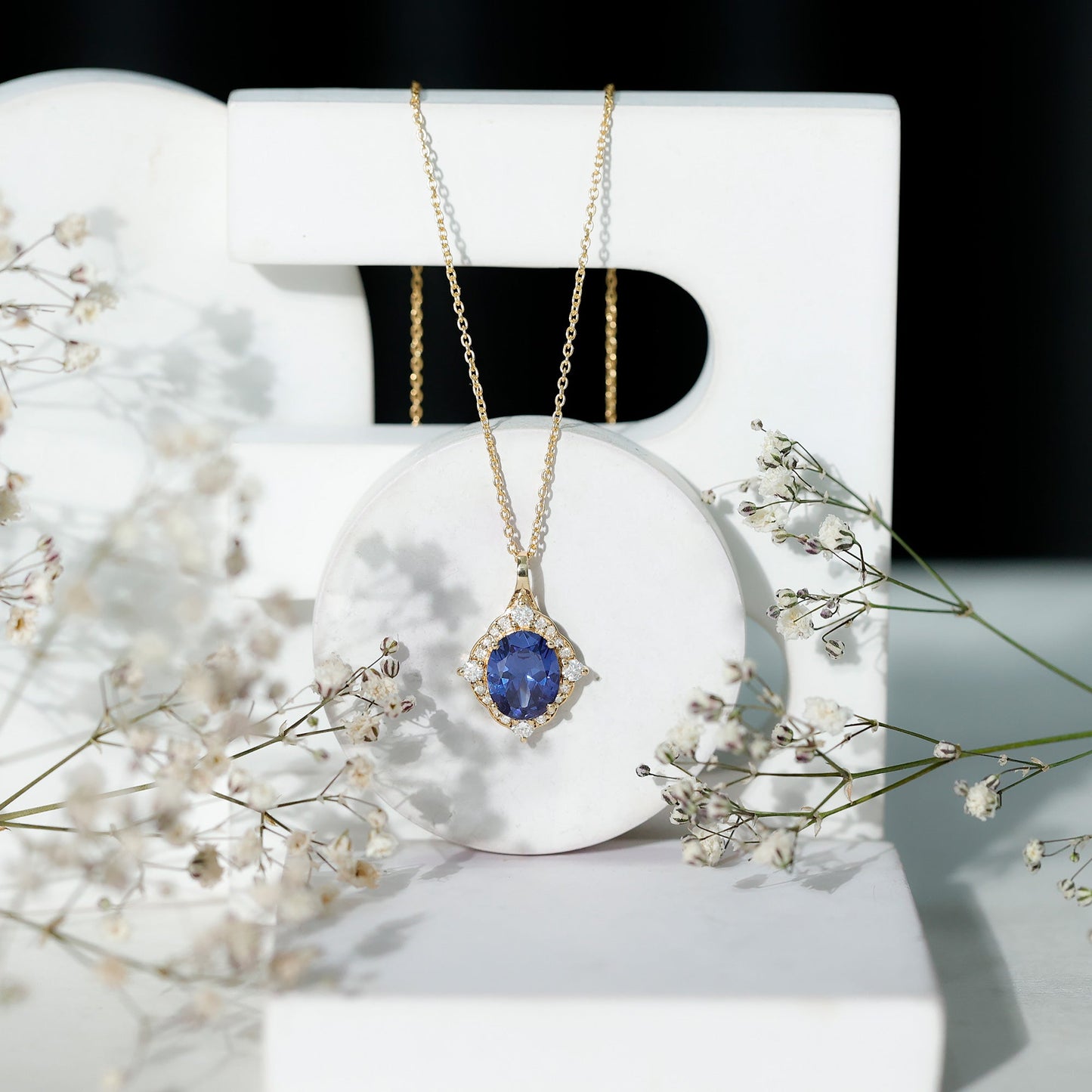 Lab Grown Blue Sapphire and Diamond Vintage Necklace