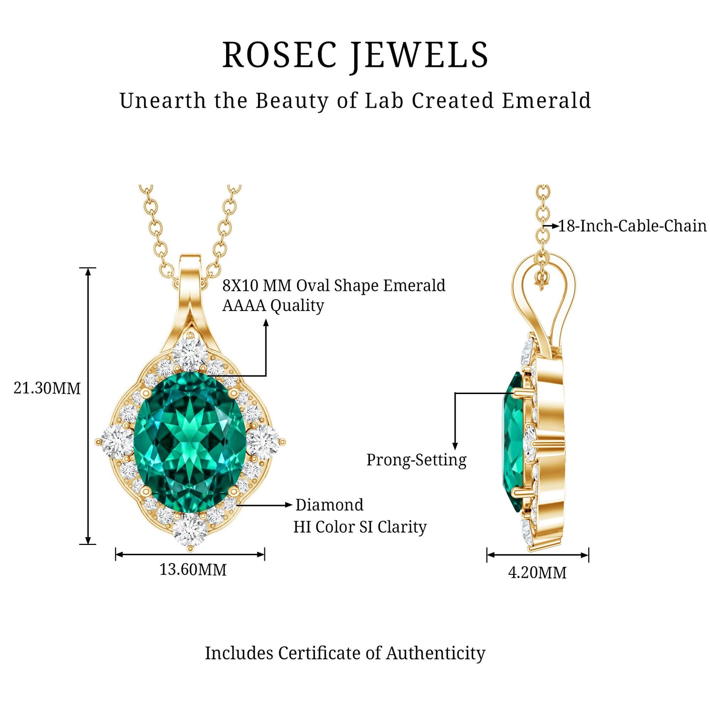 Certified 3 Carat Oval Lab Emerald and Diamond Vintage Necklace