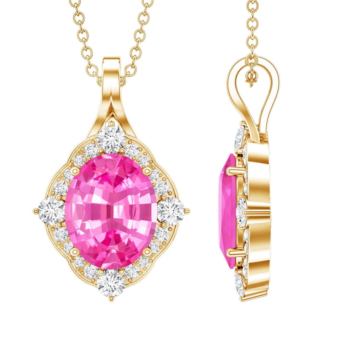 4 Carat Oval Lab Created Pink Sapphire Vintage Pendant with Diamonds