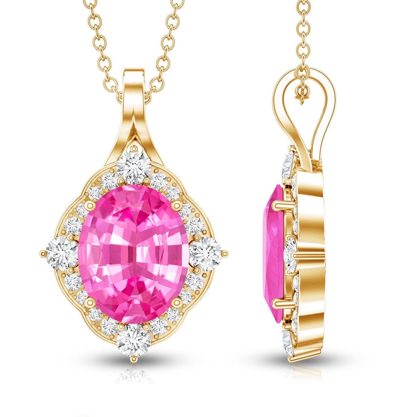 4 Carat Oval Lab Created Pink Sapphire Vintage Pendant with Diamonds