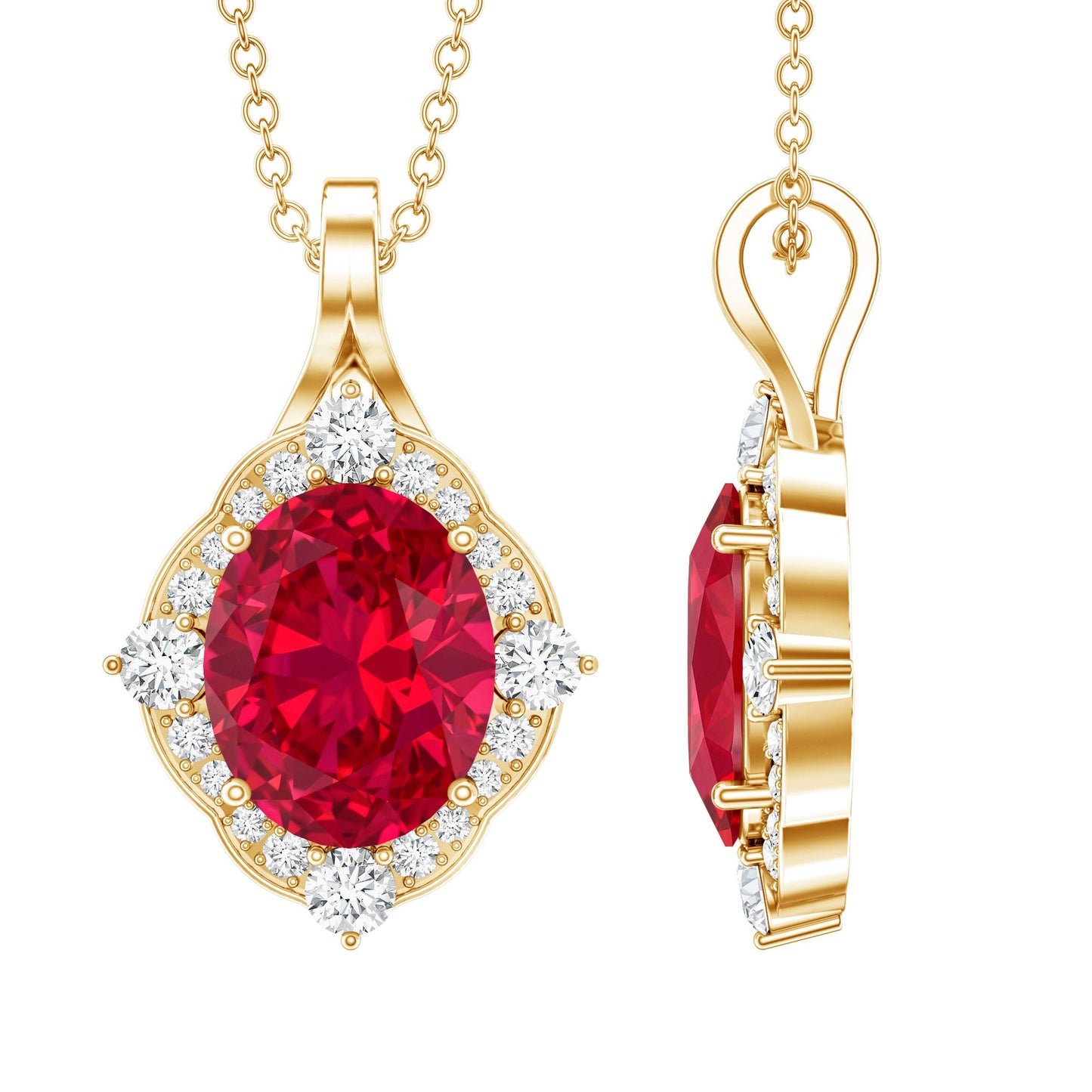 4 Carat Lab Grown Ruby Vintage Inspired Necklace with Diamond Halo