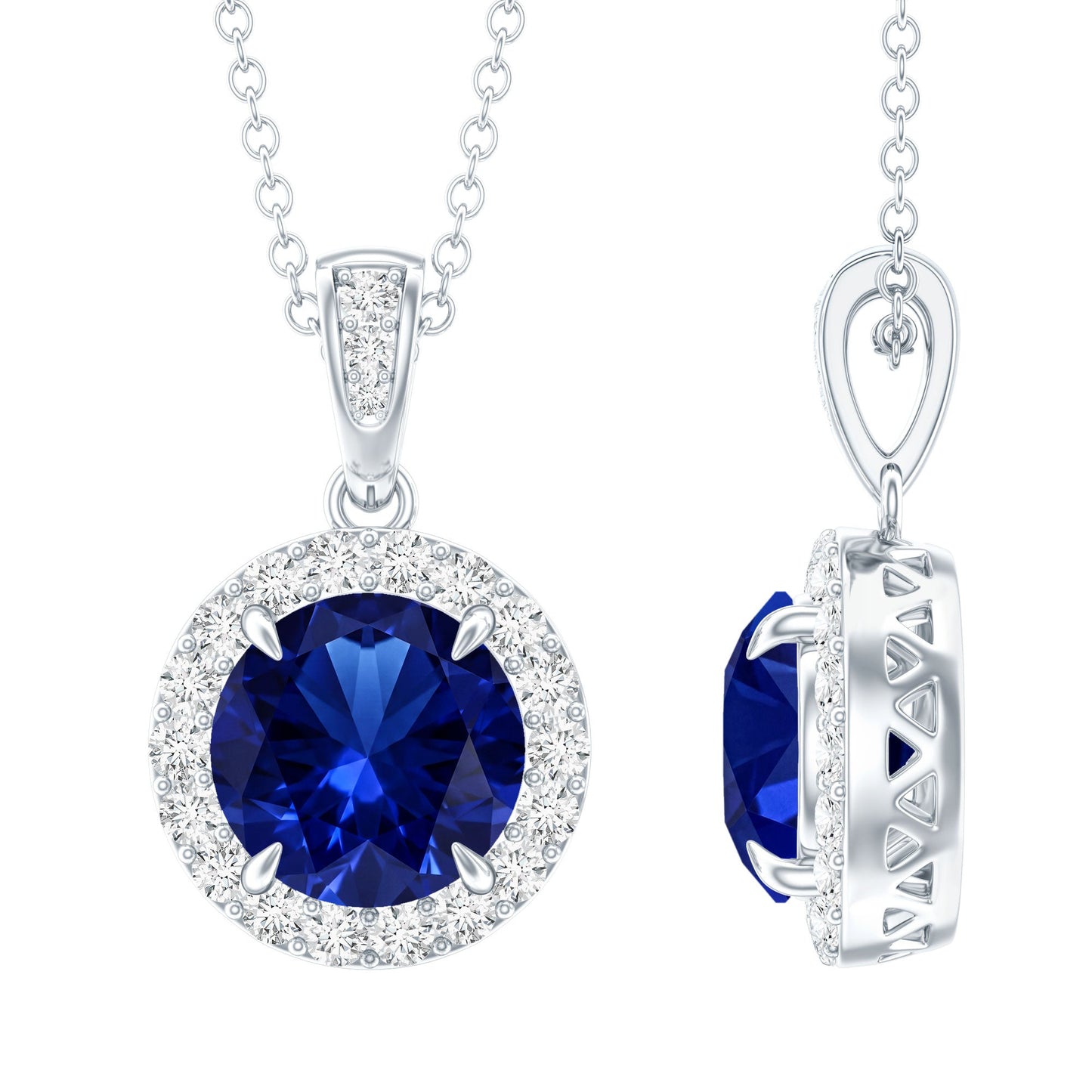 2.74 Carat Round Lab Created Blue Sapphire Halo Necklace with White Diamond
