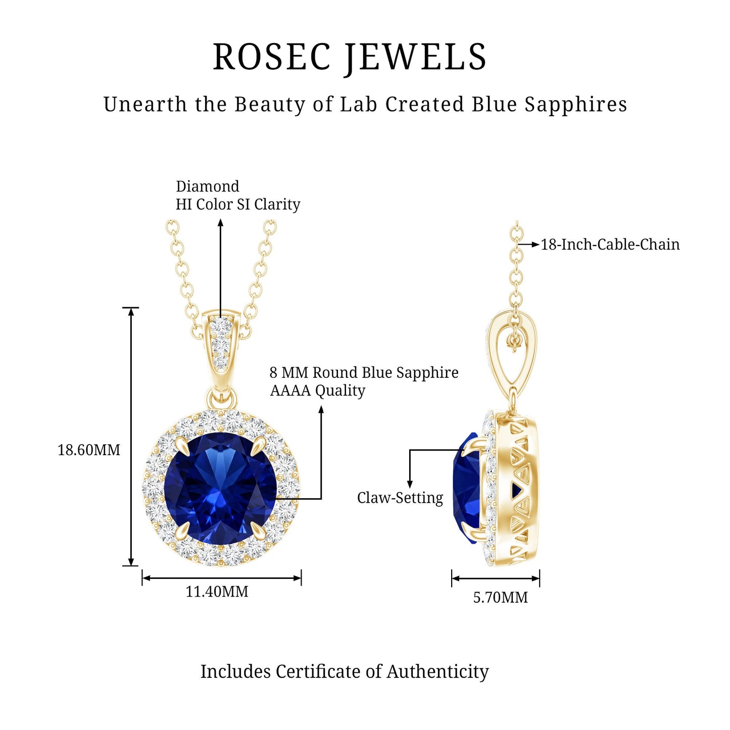 2.74 Carat Round Lab Created Blue Sapphire Halo Necklace with White Diamond