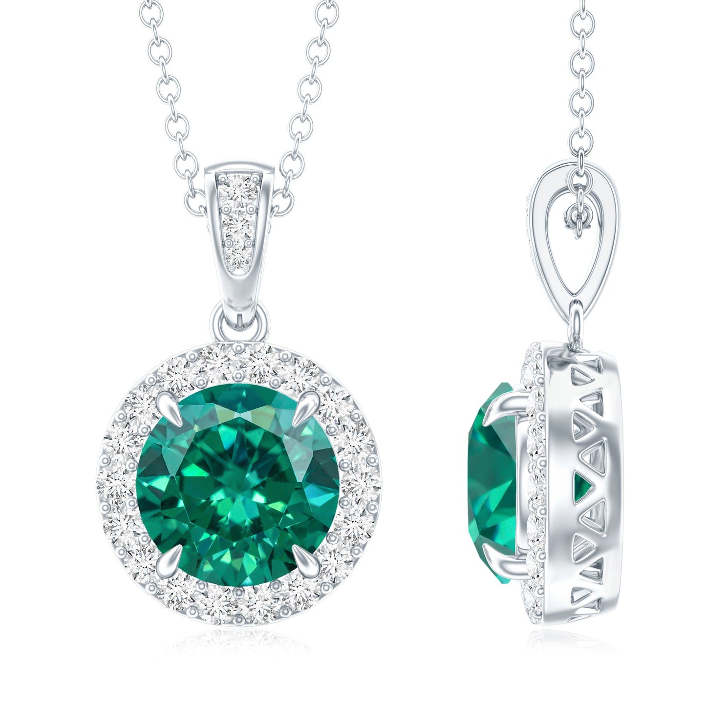 2 Carat Round Cut Lab Grown Emerald and Diamond Halo Necklace