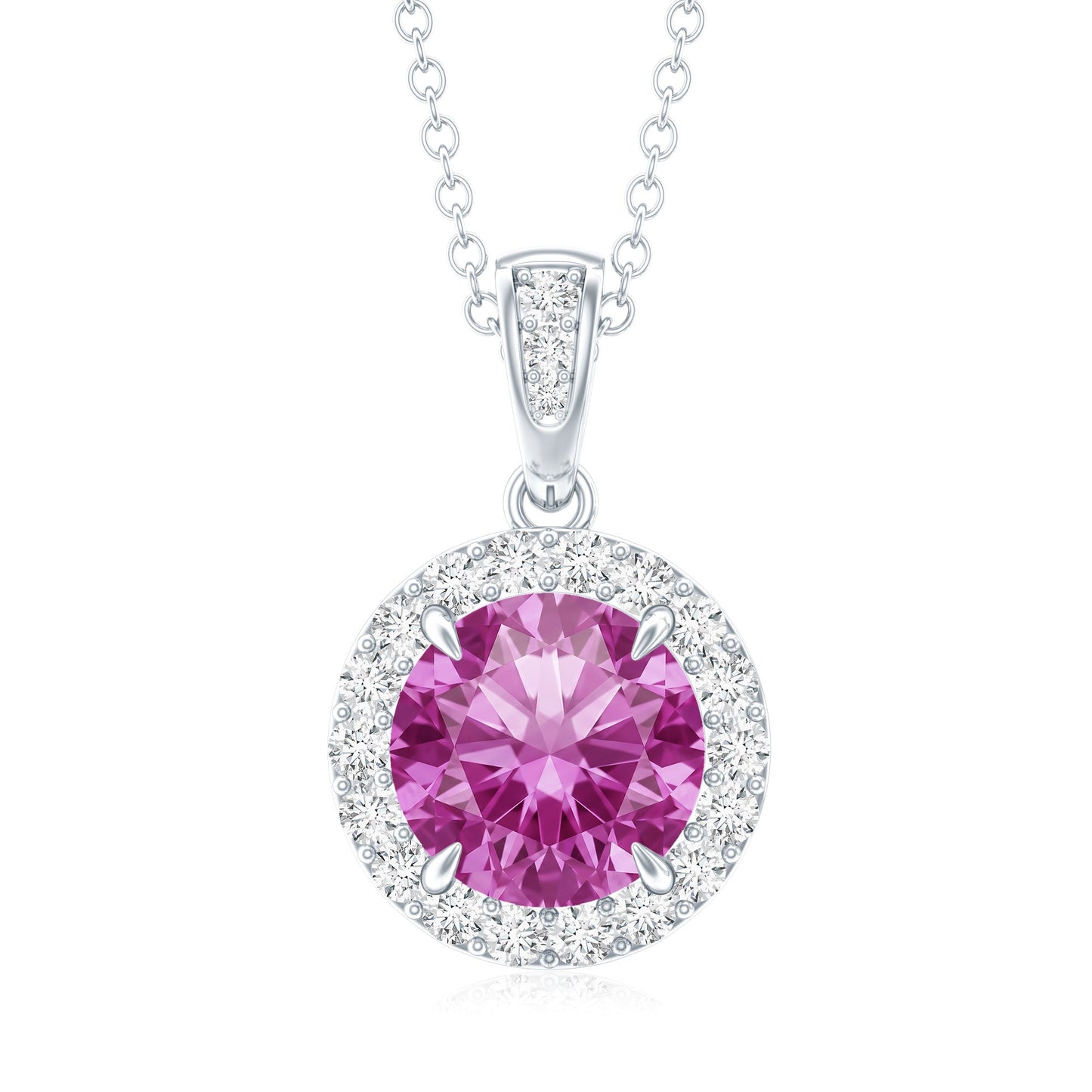 2.2 Carat Round Cut Lab Created Pink Sapphire and Diamond Necklace with Certificate
